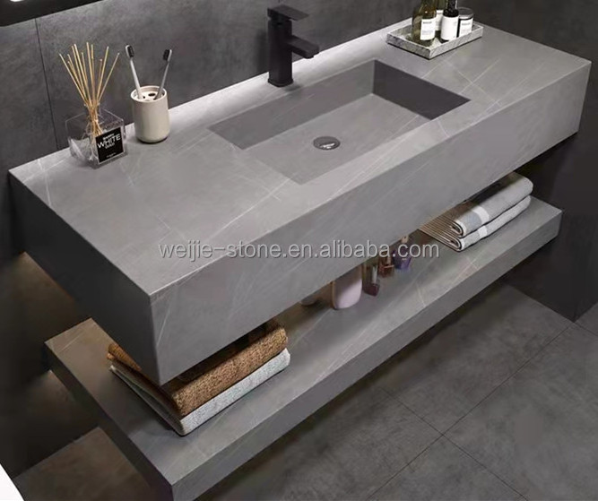 Integrated wall hung artificial stone basin bathroom rock plate porcelain sink sintered stone cabinet basin