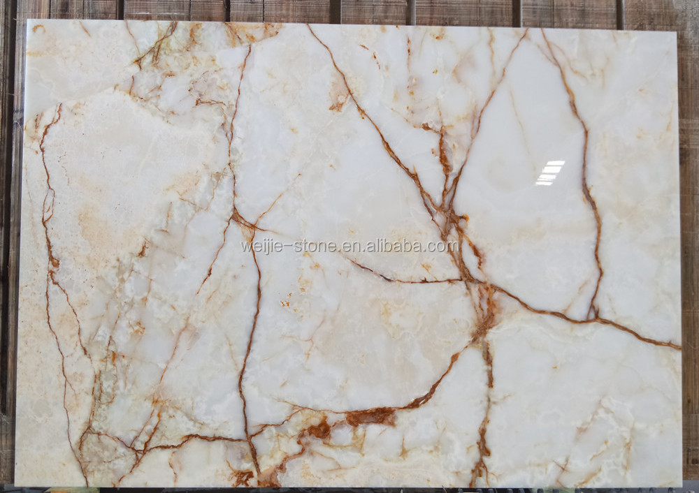 Factory Price Large Big Snow White Crystal Onyx Stone Stock Marble Jade Slab Floor Tile with Orange Gold Brown Yellow Veins