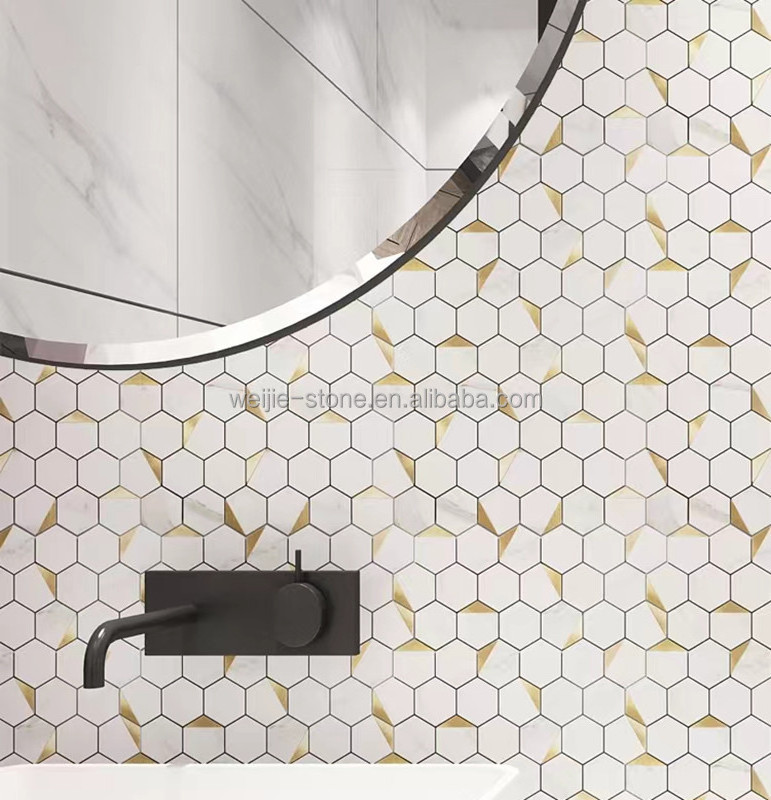 luxury hexagon mosaic bathroom tile kitchen backsplash thassos white stone gold metal copper brass waterjet marble mosaic tile