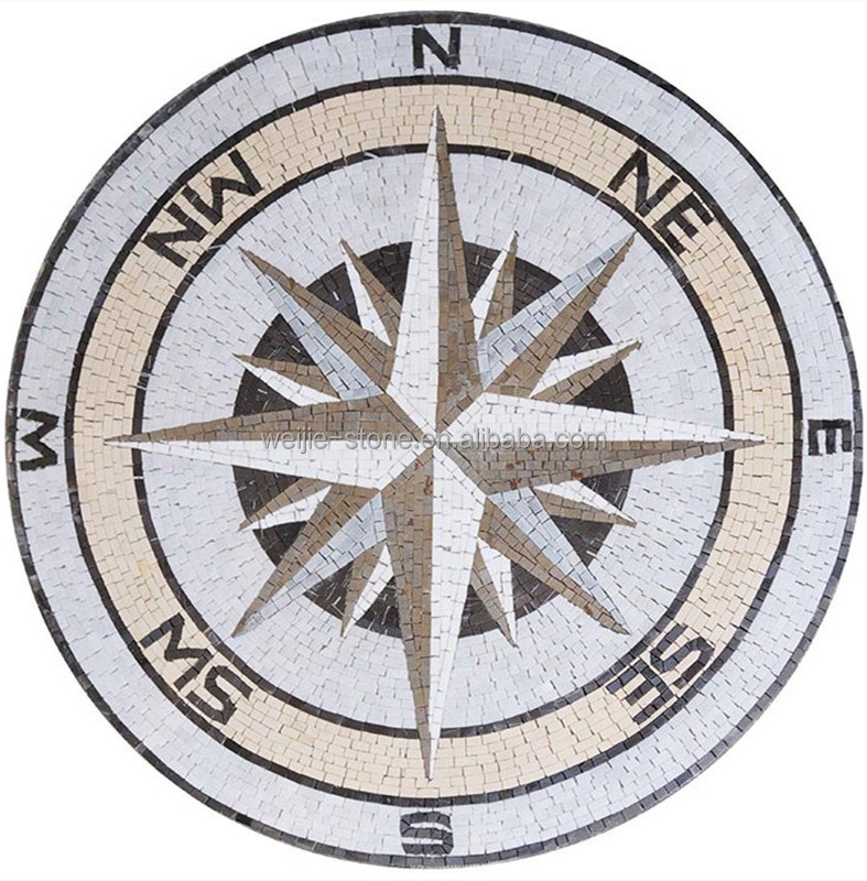 Handmade Natural Art Compass Rose Shape Mosaic Tile With Nautical Medallion Stone Marble Flooring Colors