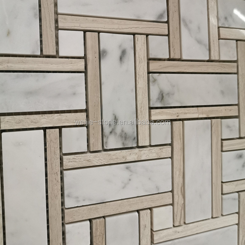 White marble and grey wooden basket weave pattern 24 x 24 mosaic tile