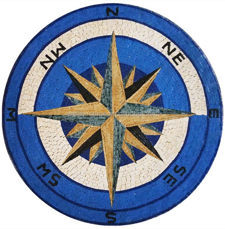 Handmade Natural Art Compass Rose Shape Mosaic Tile With Nautical Medallion Stone Marble Flooring Colors