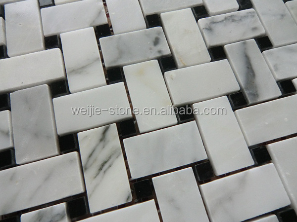 Honed Black Marquina and Carrara White Marble Basketweave Mosaic Floor Tile