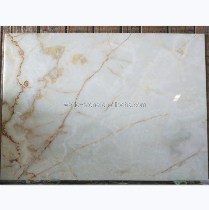 Factory Price Large Big Snow White Crystal Onyx Stone Stock Marble Jade Slab Floor Tile with Orange Gold Brown Yellow Veins