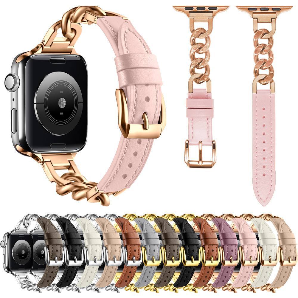 Leather Bracelet Women Metal Link Wristband Luxury Strap For Apple Watch Band Ultra 8 49mm iWatch 8 7 6 SE 5 3 41mm 45mm 40/44mm