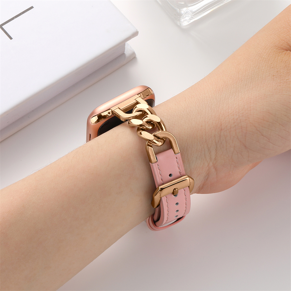 Leather Bracelet Women Metal Link Wristband Luxury Strap For Apple Watch Band Ultra 8 49mm iWatch 8 7 6 SE 5 3 41mm 45mm 40/44mm