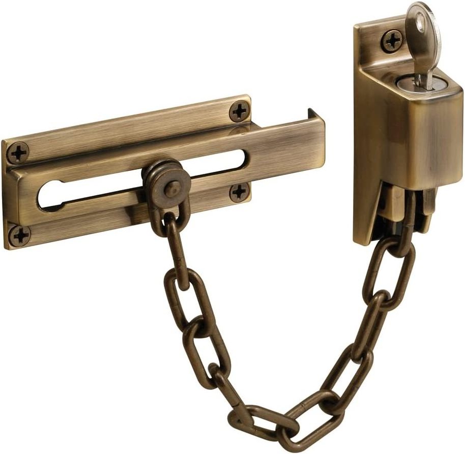 Keyed Chain Door Guard with Satin Brushed Nickel and antique brass and oil rubbed bronze finish security chain for door