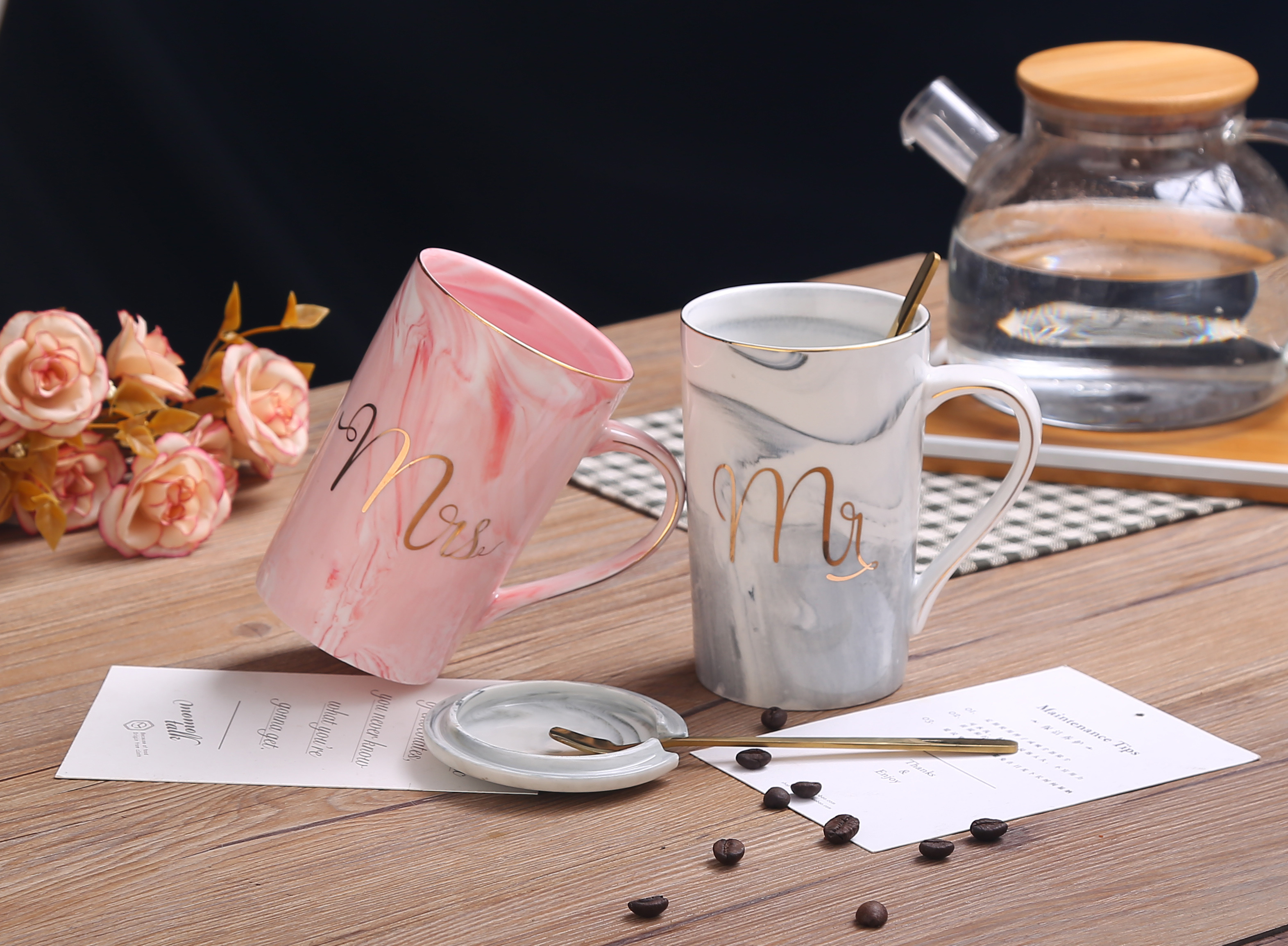 M025 Custom printed wedding porcelain calacata grey pink marble mr and mrs ceramic coffee giftbox set mug cup with lid and spoon