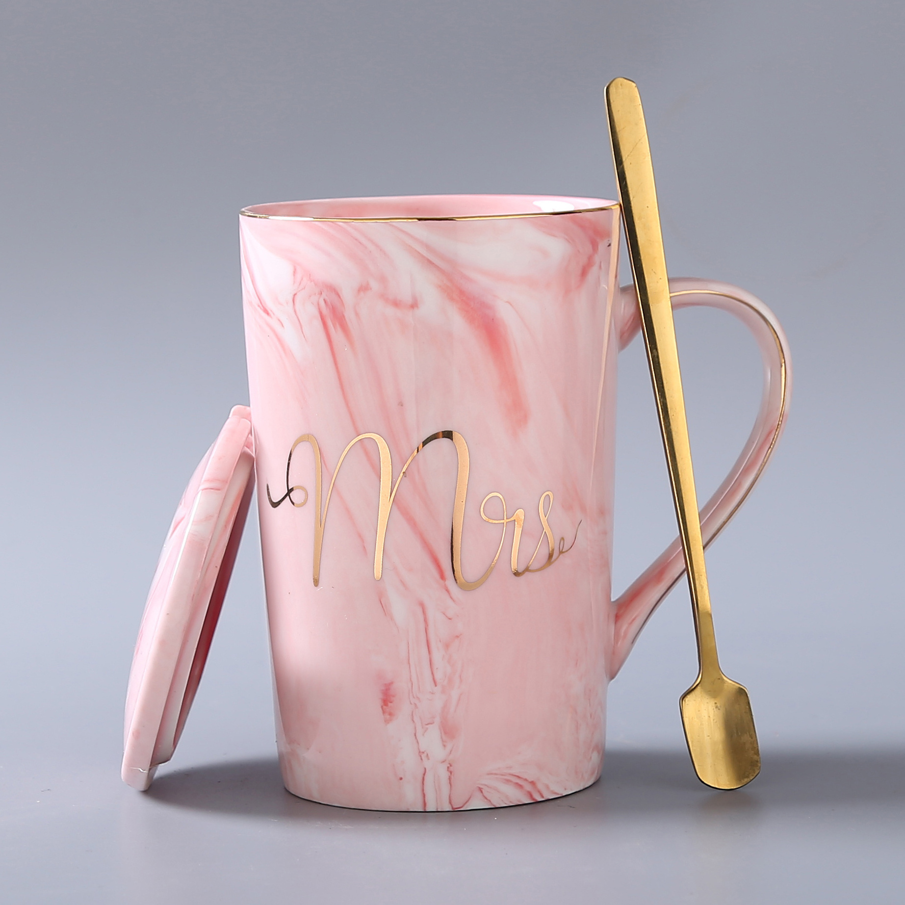 M025 Custom printed wedding porcelain calacata grey pink marble mr and mrs ceramic coffee giftbox set mug cup with lid and spoon