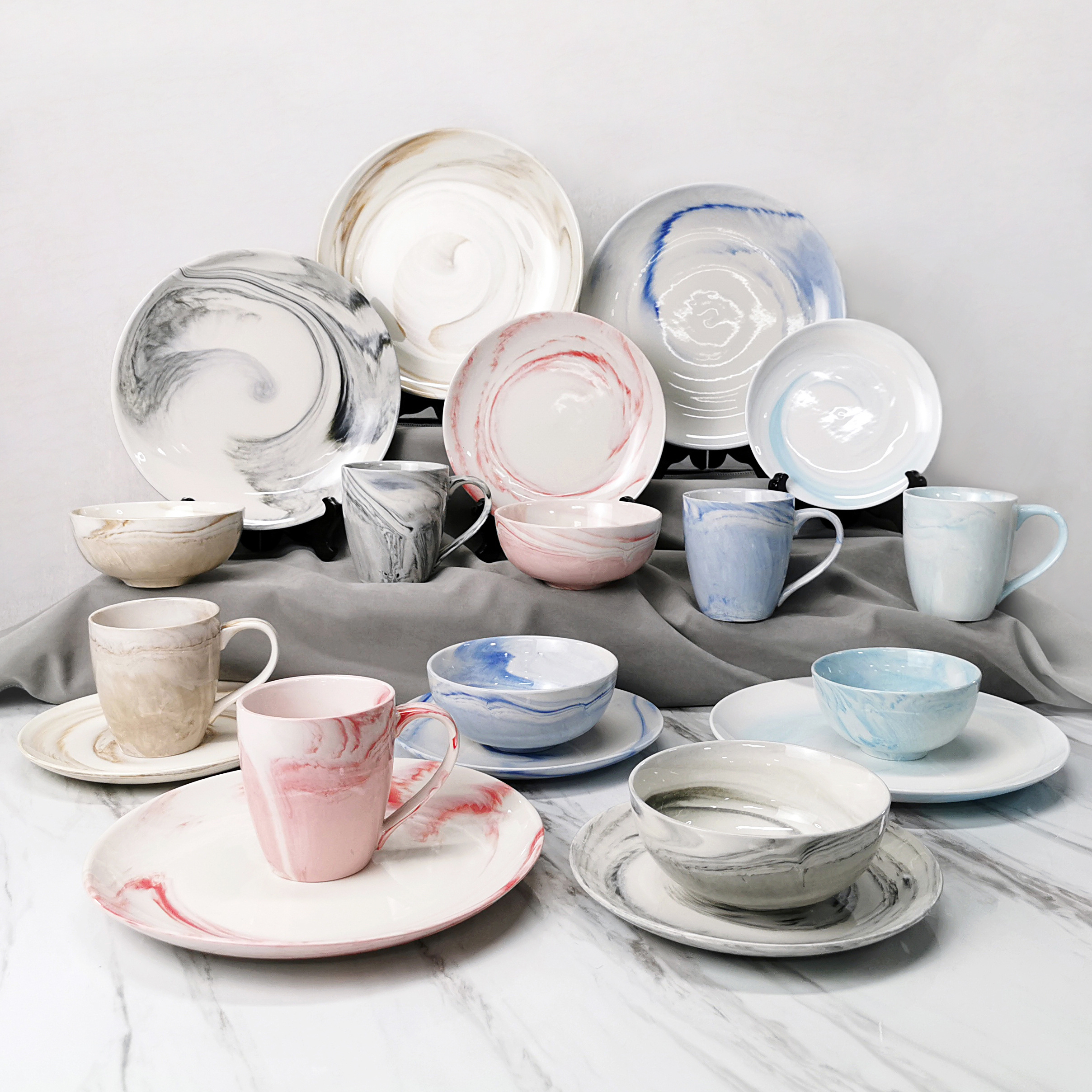 DS01 wholesale 16 20 pcs piece blue Marble Look dinnerware fine bone china dinner ware set ceramic porcelain dinning dinner set