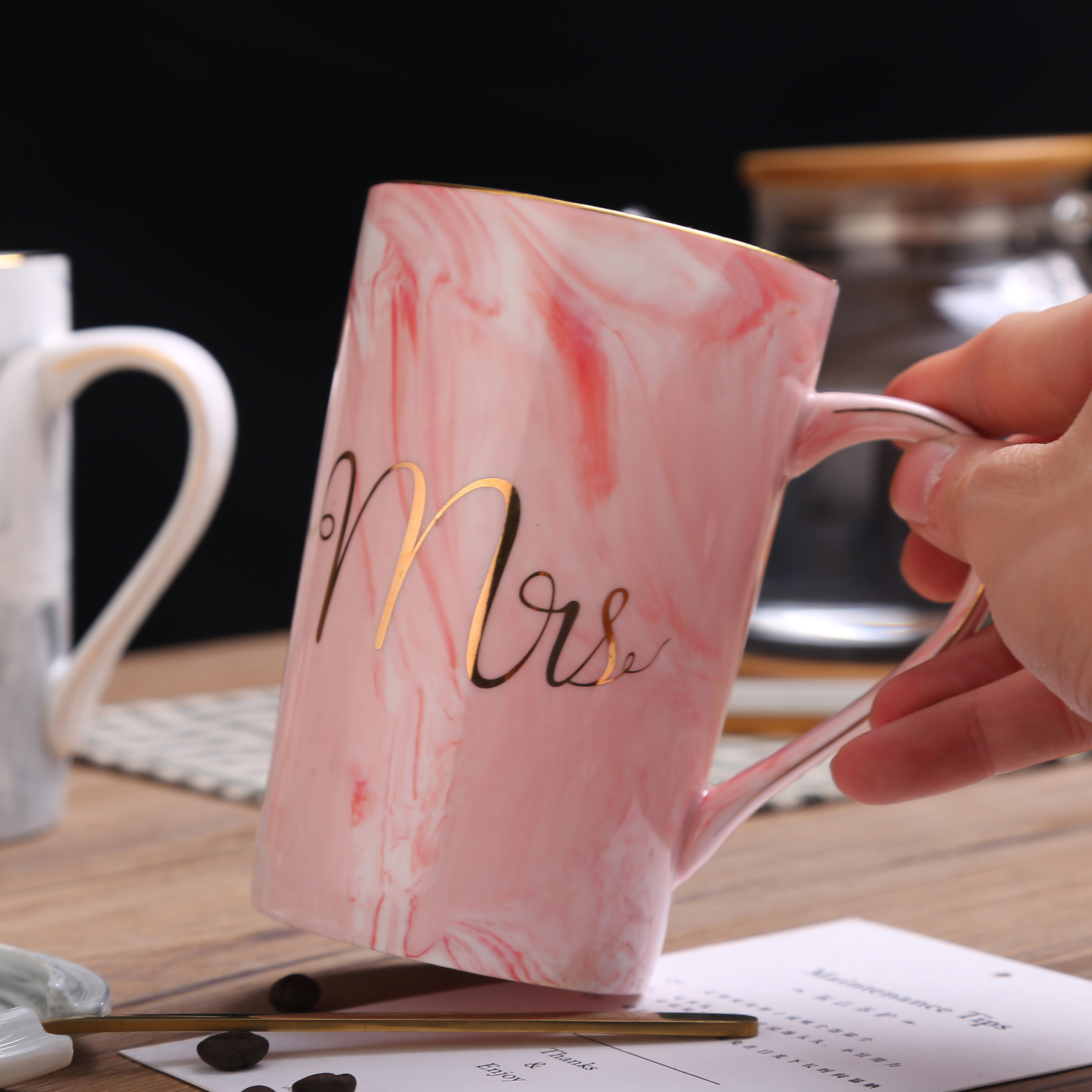 M025 Custom printed wedding porcelain calacata grey pink marble mr and mrs ceramic coffee giftbox set mug cup with lid and spoon