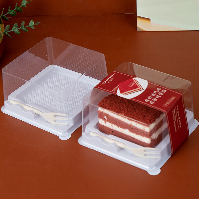 Square PET Blister Plastic Packaging Cup Cake Square Box Food Tray Boxes for Cakes Containers Packaging with Fork