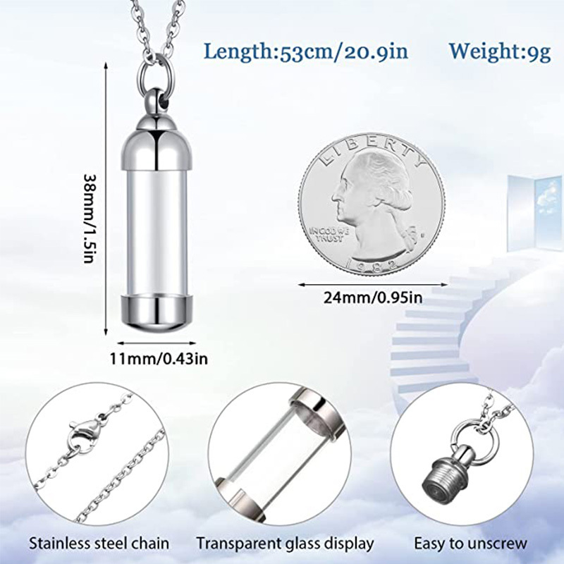 Women Men Stainless Steel Glass Container Cylinder Urn Pendant Memorial Necklace Ashes Holder Keepsake Cremation Jewelry