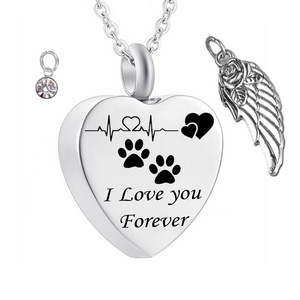 Dog Paw "i love you forever"Cremation Jewelry wing  Ashes Keepsake Pendant Pet Birthstone Memorial Urn Necklace