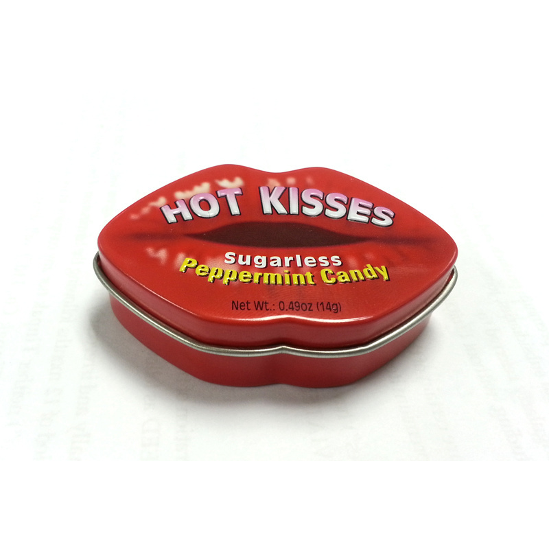 Hot kisses sugarless peppermint candy packing lip shaped tin box  Hot selling xylitol mints candy packing tin box