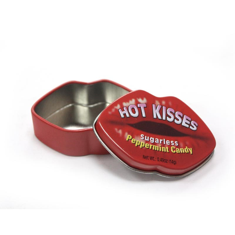 Hot kisses sugarless peppermint candy packing lip shaped tin box  Hot selling xylitol mints candy packing tin box