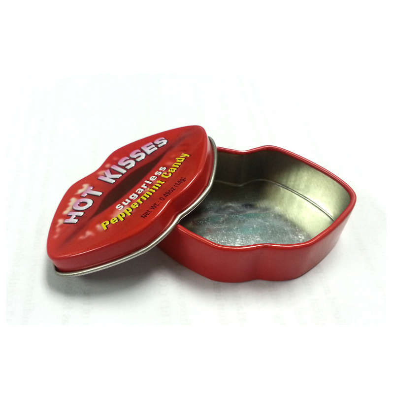 Hot kisses sugarless peppermint candy packing lip shaped tin box  Hot selling xylitol mints candy packing tin box