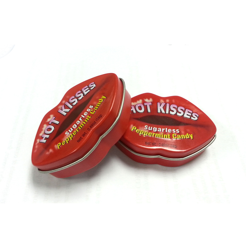 Hot kisses sugarless peppermint candy packing lip shaped tin box  Hot selling xylitol mints candy packing tin box