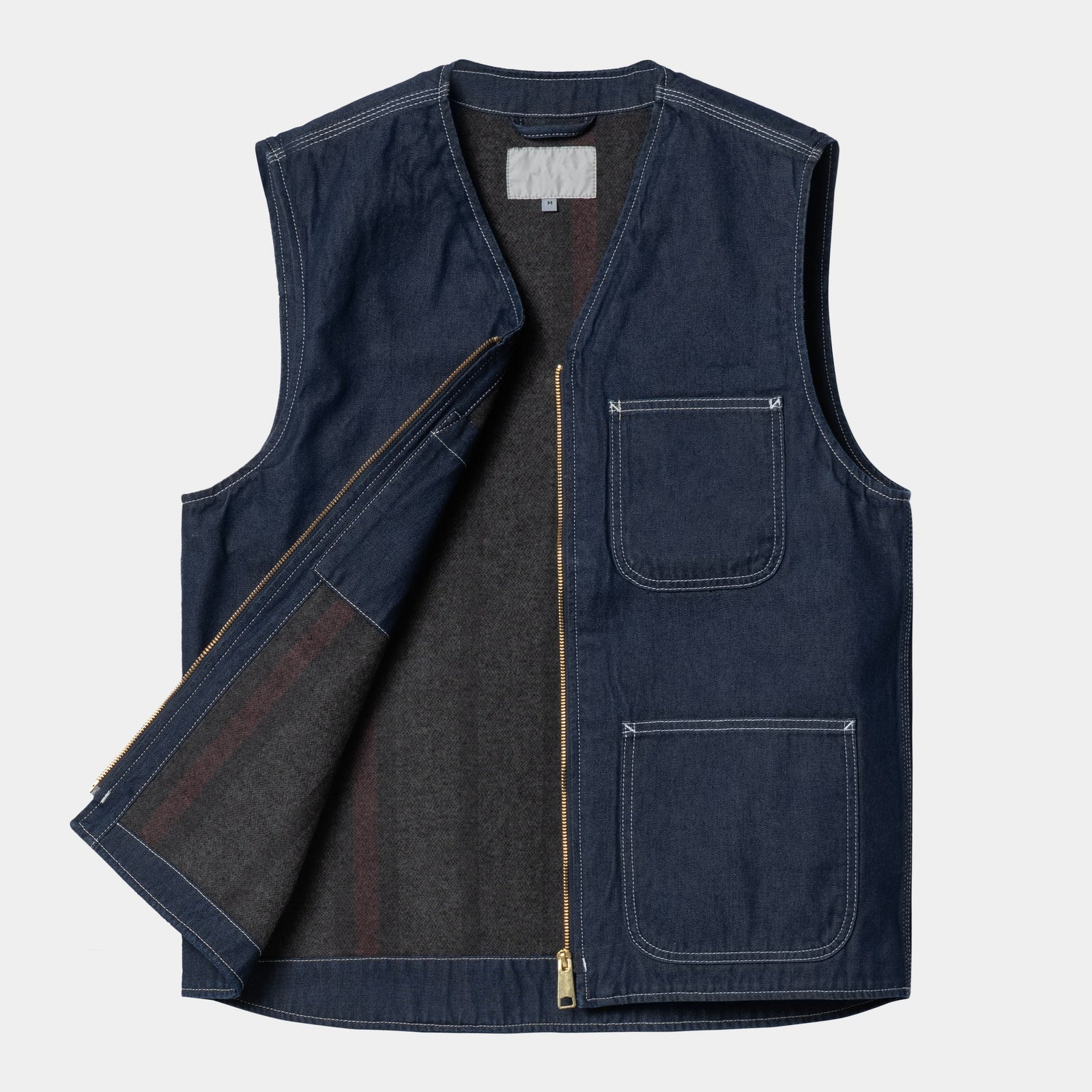 Custom blue large pocket triple seam denim vest sleeveless jacket large silhouette heavyweight streetwear work vest