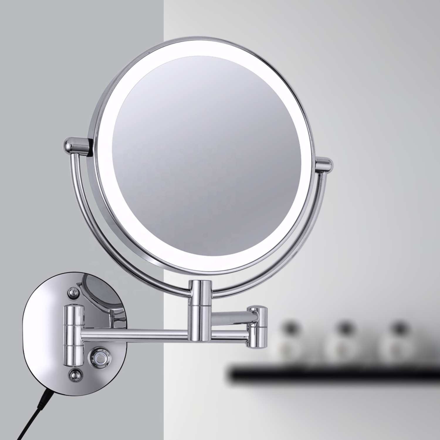 wall mounted folding makeup mirror dimming with 3 option color led double sides 3X magnification mirror