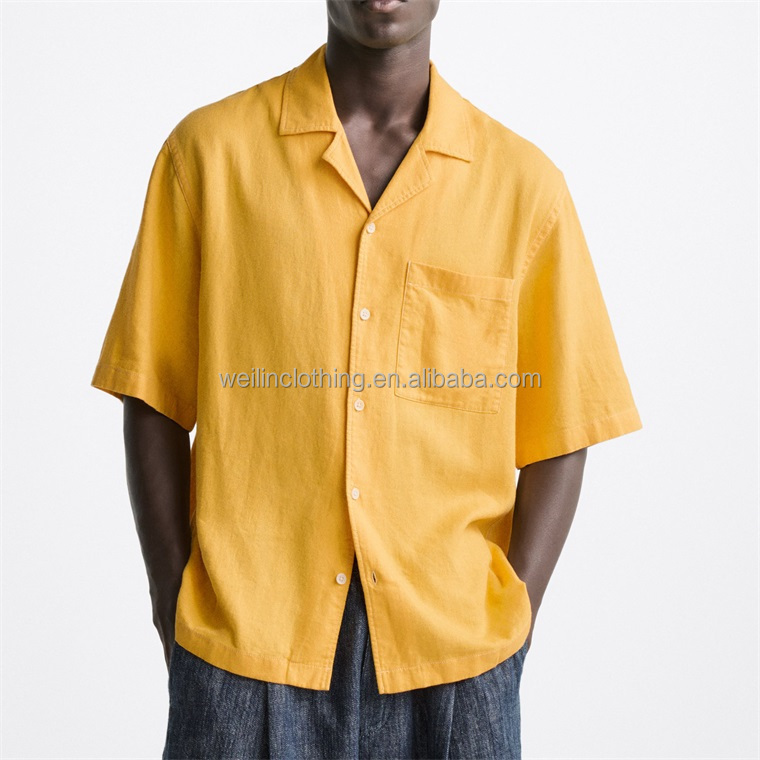 Custom breathable plain blank short sleeve flax linen shirt for men