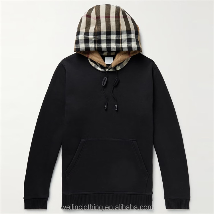 Custom terry cotton blank checked hood pullover hoodie for men