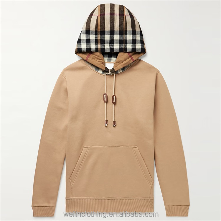 Custom terry cotton blank checked hood pullover hoodie for men