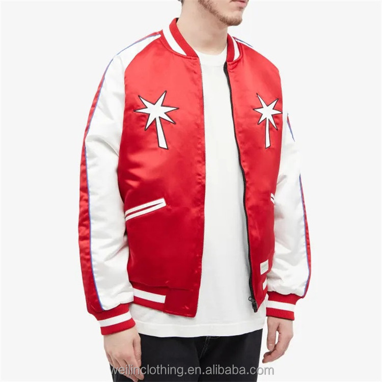 Custom embroidery two tone satin reversible letterman bomber jacket for men