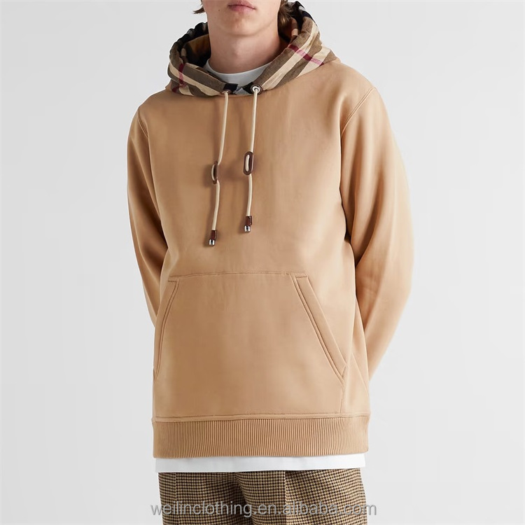 Custom terry cotton blank checked hood pullover hoodie for men