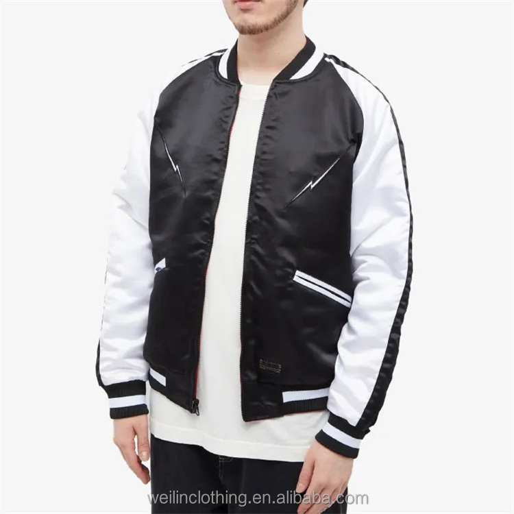 Custom embroidery two tone satin reversible letterman bomber jacket for men