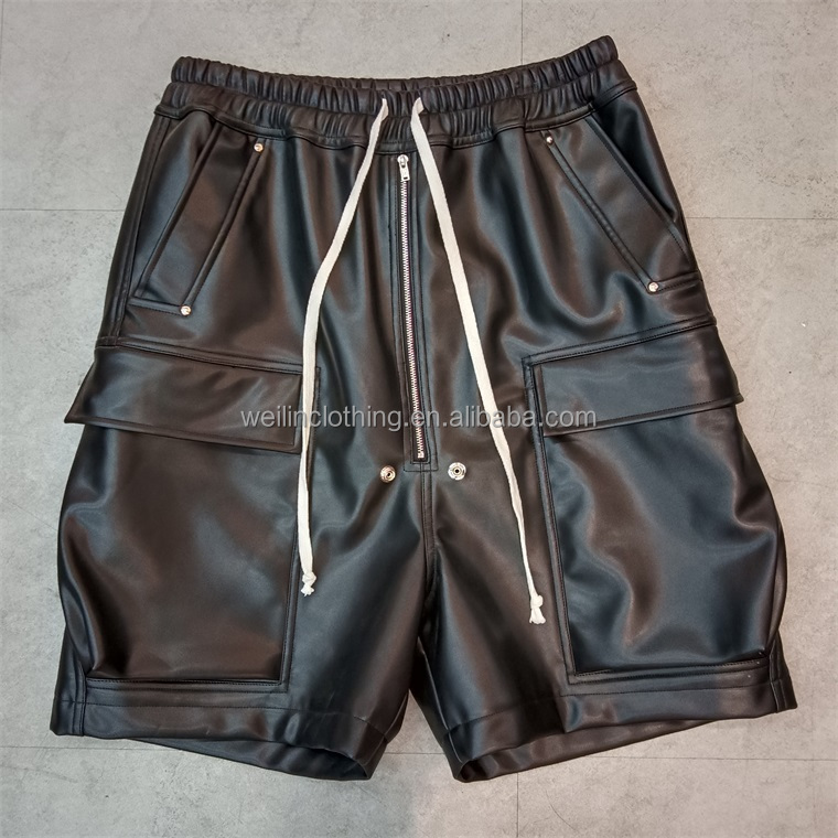 Custom loose low crotch oversized  genuine PU leather shorts for men