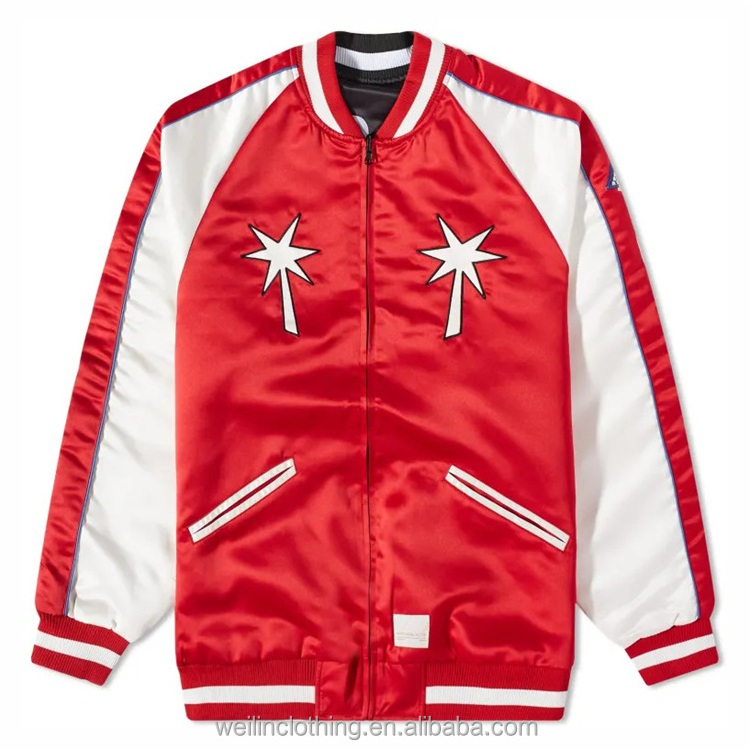 Custom embroidery two tone satin reversible letterman bomber jacket for men