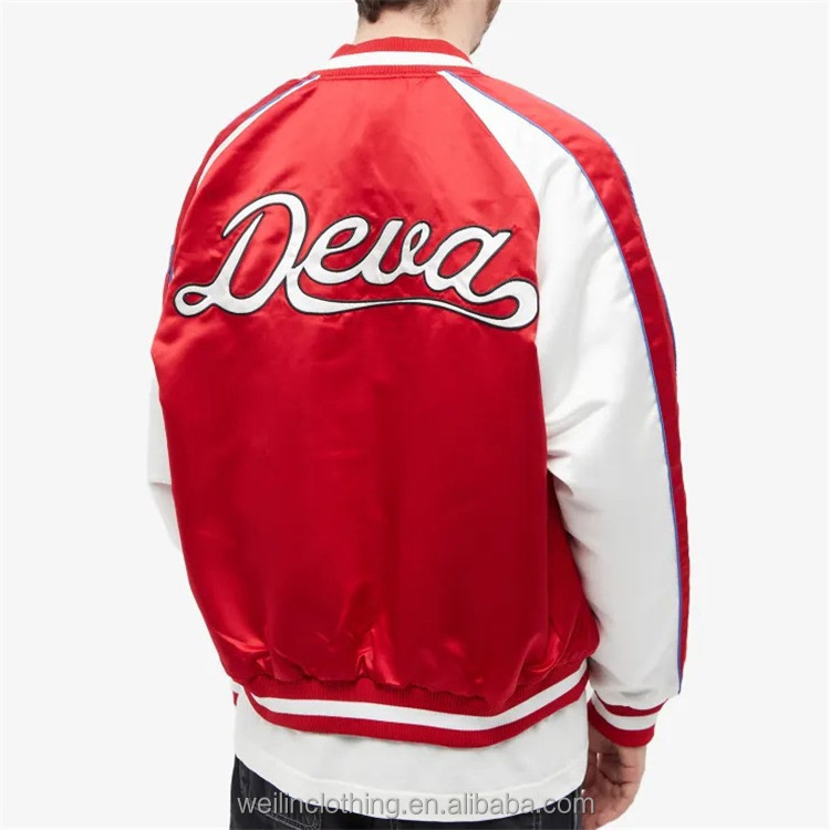 Custom embroidery two tone satin reversible letterman bomber jacket for men