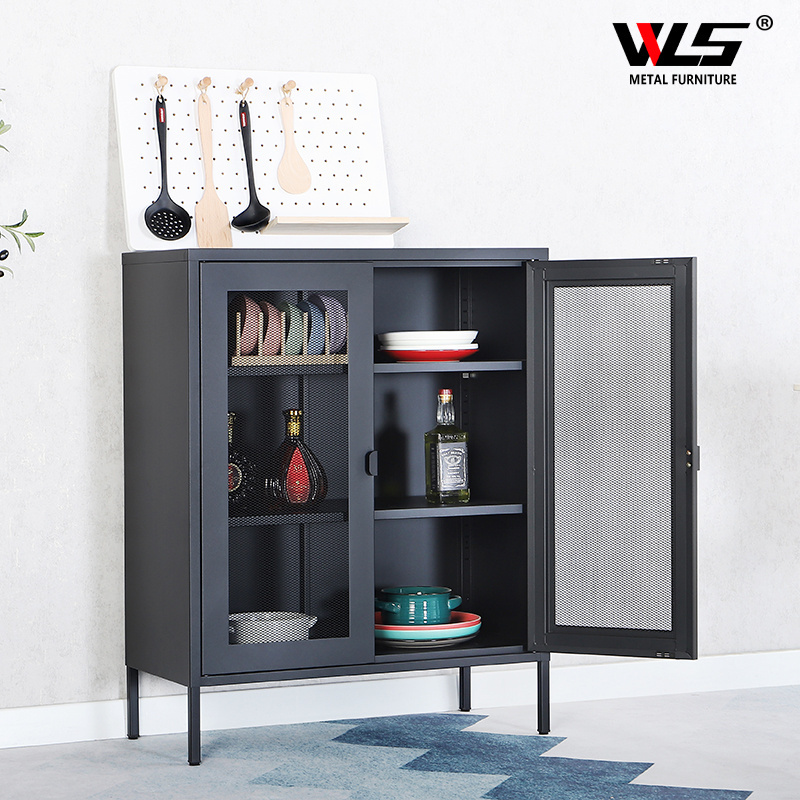 Home furniture black metal cabinet modern buffet cabinet sideboard with showcase living room