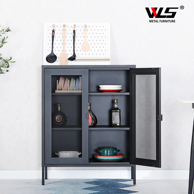 Home furniture black metal cabinet modern buffet cabinet sideboard with showcase living room