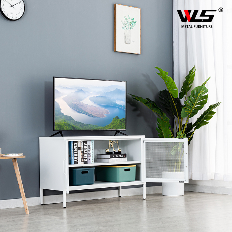 2024 New Design Swing Mesh Door TV Stand Cabinet Two Deck White Metal Board Game Storage Cabinet for Living Room