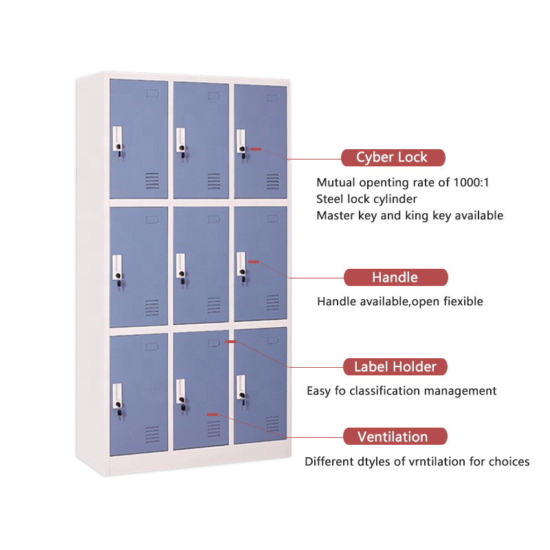 KD Hotel Used Clothes Luggage Bag 9 Door Steel Locker Cabinet For Changing Room Metal Gym Locker