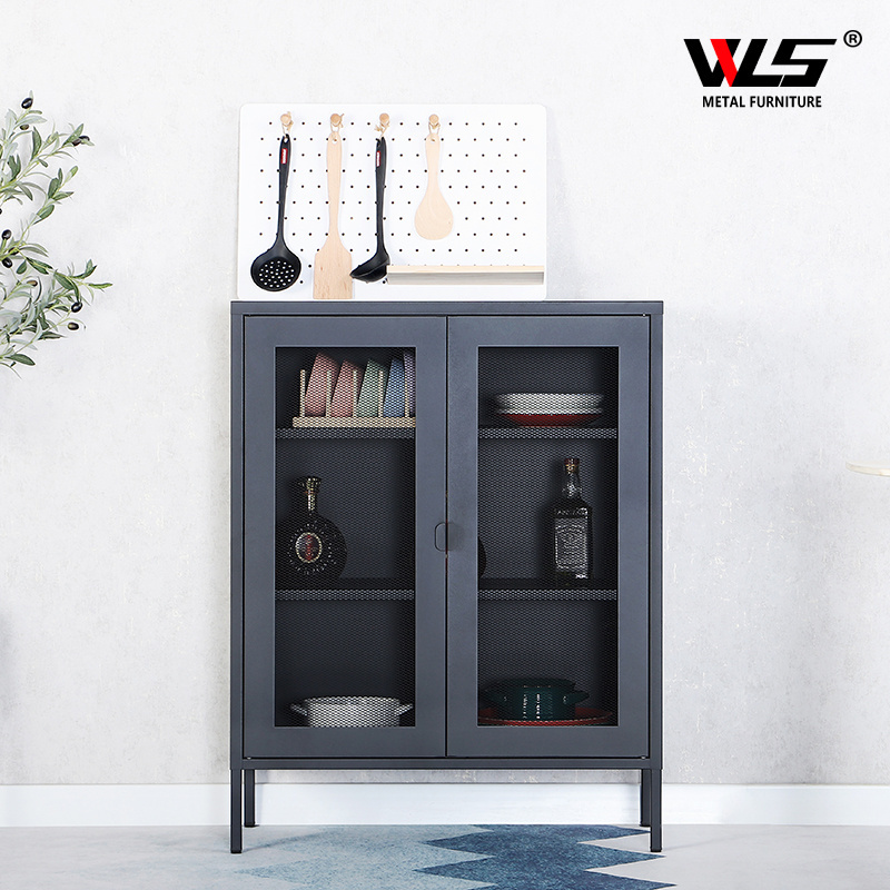 Home furniture black metal cabinet modern buffet cabinet sideboard with showcase living room