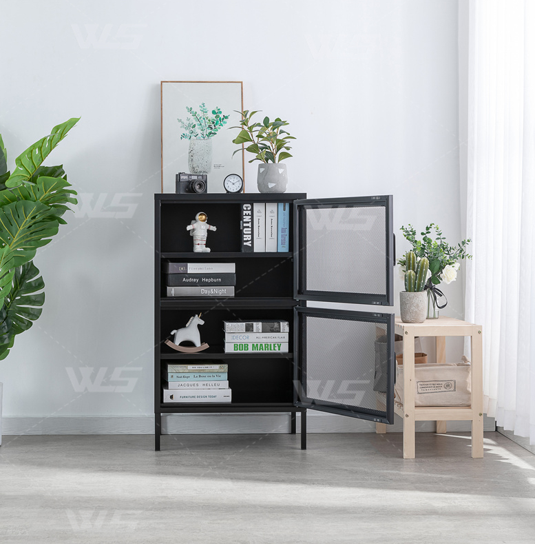 2023 wholesale price modern design white black customized metal livingroom furniture steel mesh swing 2 door storage cabinet