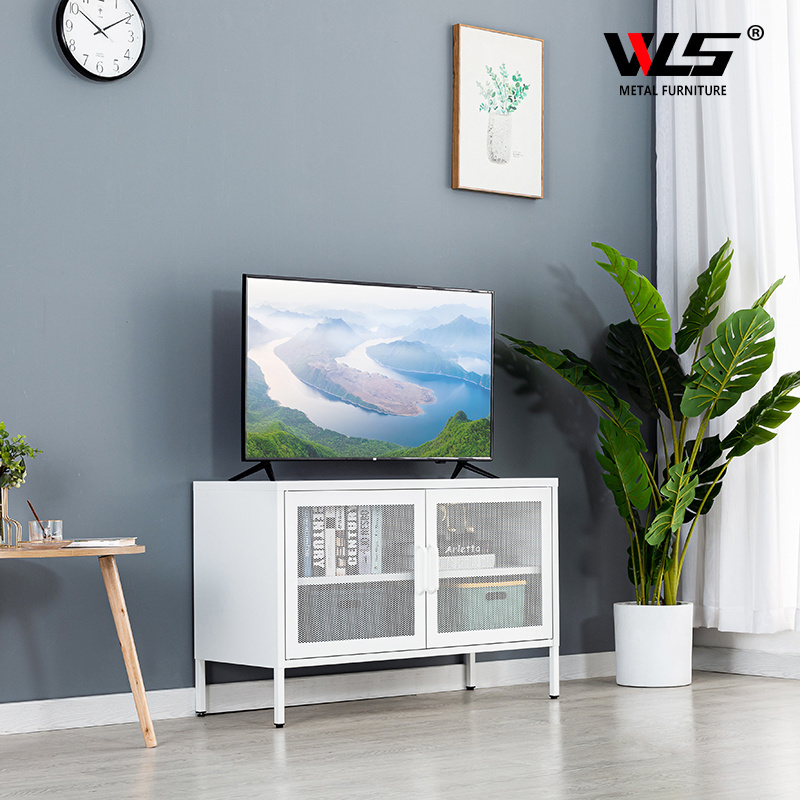 2024 New Design Swing Mesh Door TV Stand Cabinet Two Deck White Metal Board Game Storage Cabinet for Living Room