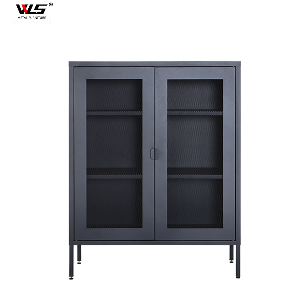 Home furniture black metal cabinet modern buffet cabinet sideboard with showcase living room