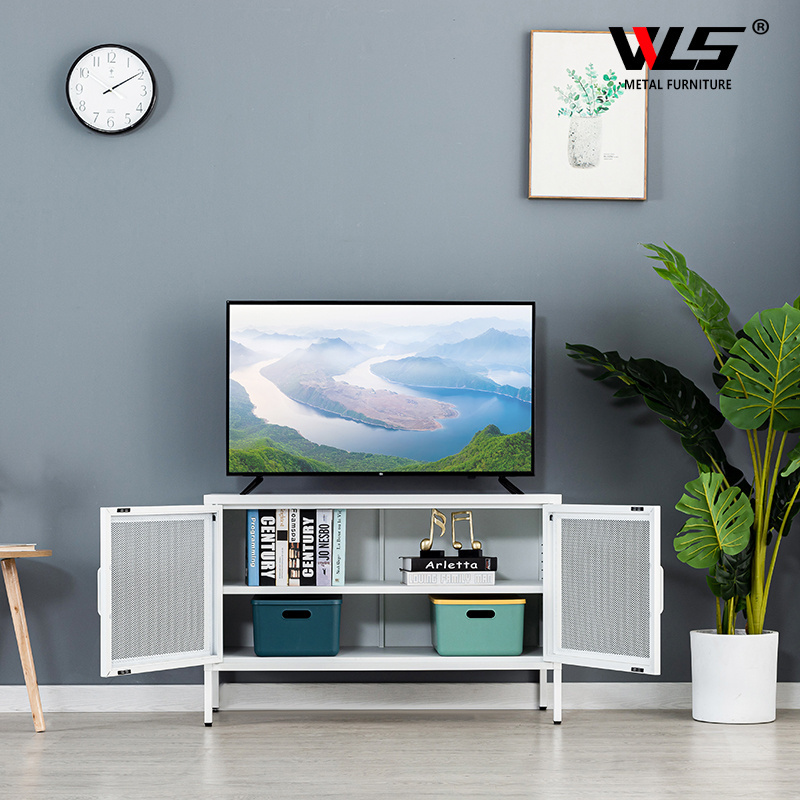 2024 New Design Swing Mesh Door TV Stand Cabinet Two Deck White Metal Board Game Storage Cabinet for Living Room