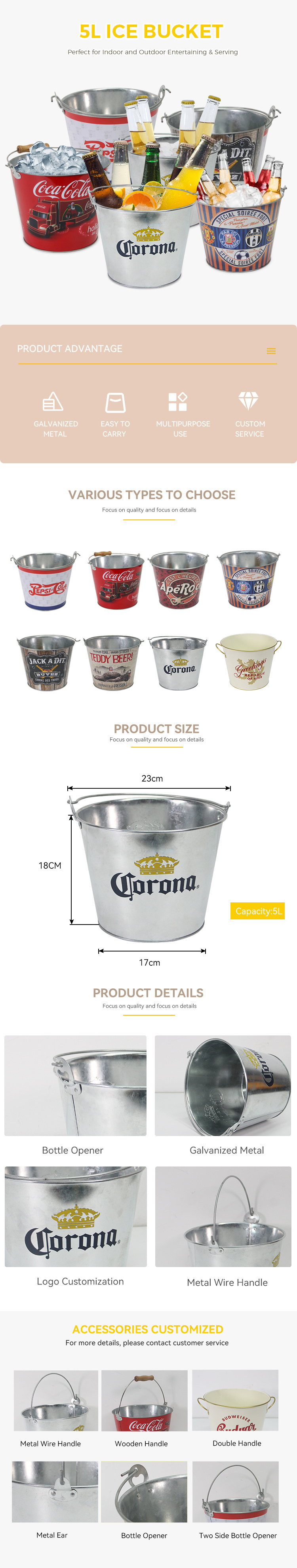 Galvanized Ice Bucket 5L Round Ice Buckets And Beverage Tubs metal Ice Beer Bucket With Bottle Opener