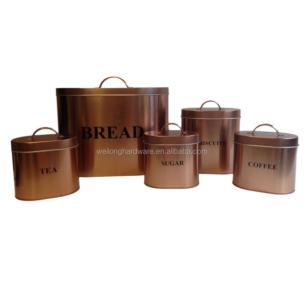 Rose gold set of 5 kitchen canister set metal bread box tea sugar coffee pot