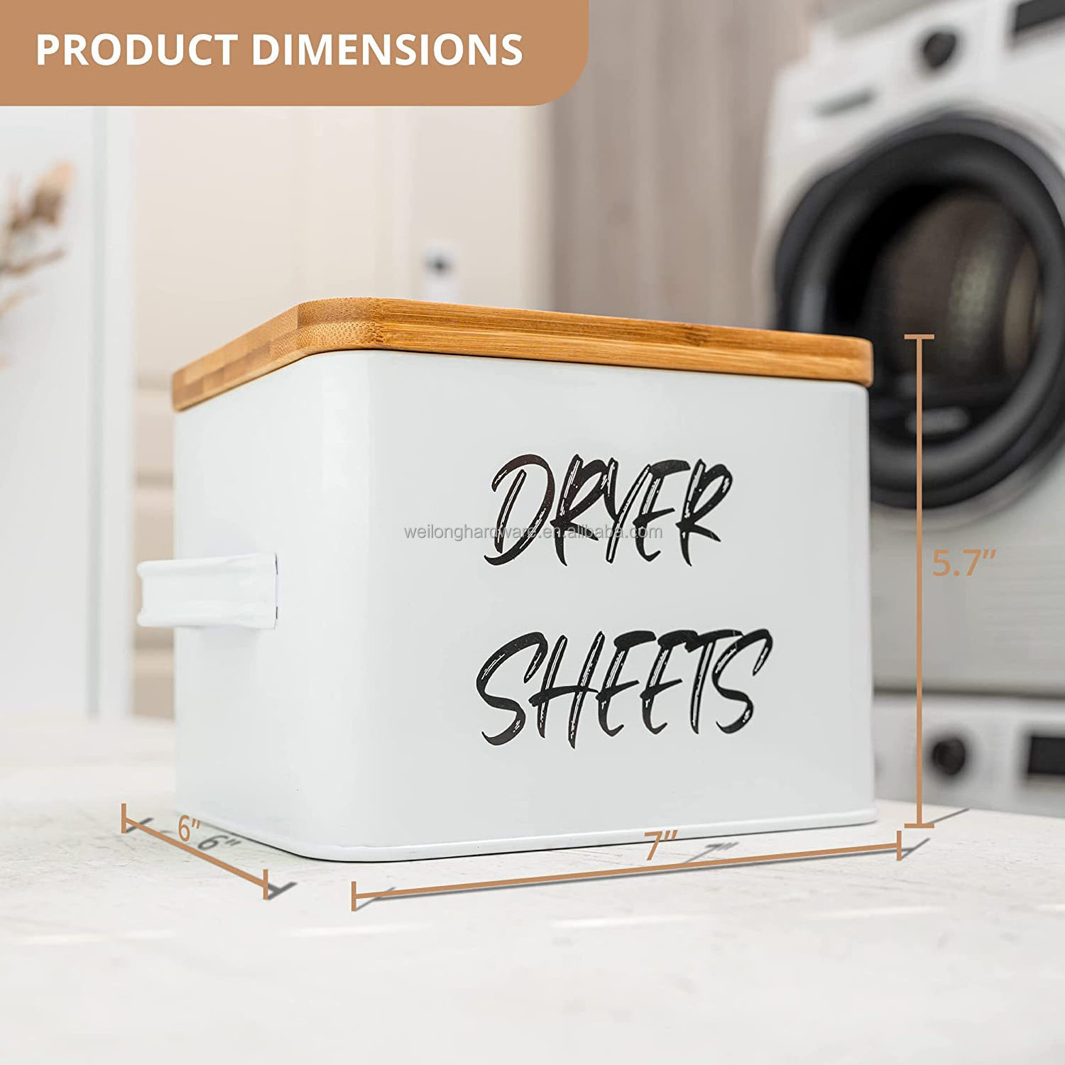 Home Metal Laundry Dryer Sheets Holder Fabric Softener Dispenser with Bamboo Lid Laundry Room Decor Laundry Organization Storage