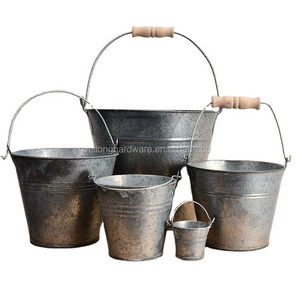 Assorted Sizes Vintage Galvanized Metal Buckets with wooden handles