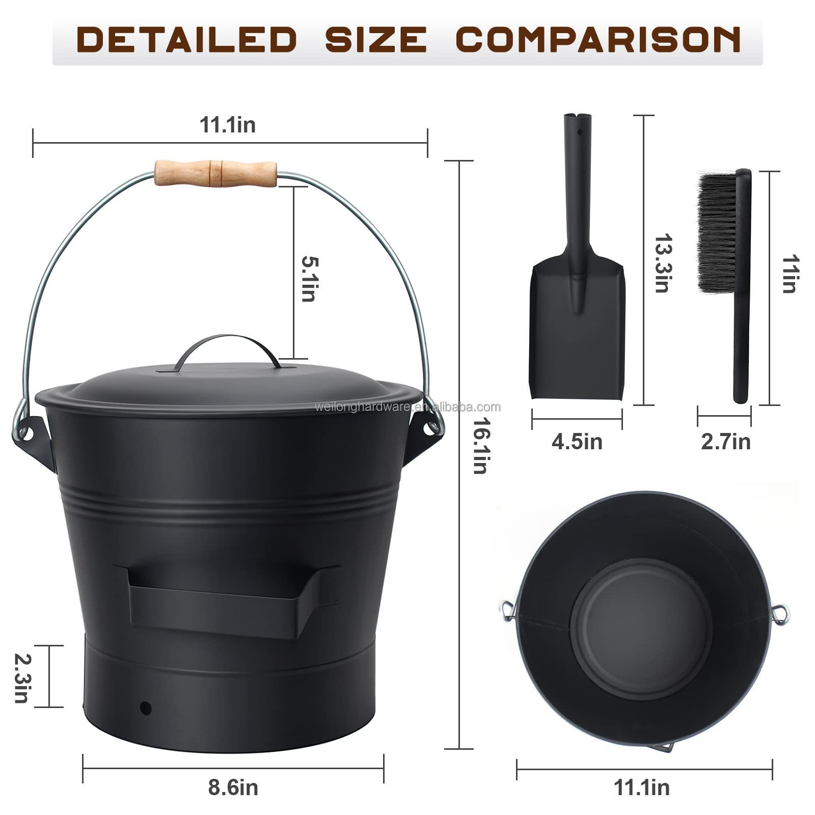 1.5 Gallon Mini Ash Bucket With Lid Shovel & Broom Coal Bucket For Fireplace Tool Set Fire Pits Wooden Handle