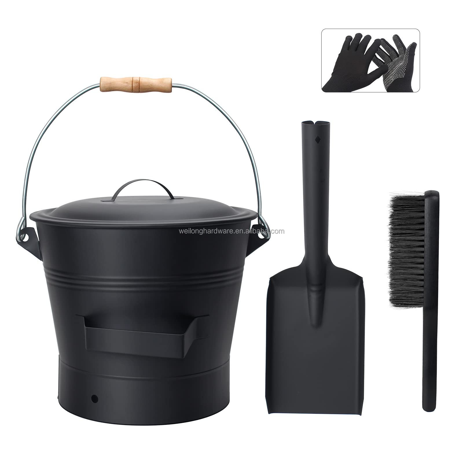 1.5 Gallon Mini Ash Bucket With Lid Shovel & Broom Coal Bucket For Fireplace Tool Set Fire Pits Wooden Handle