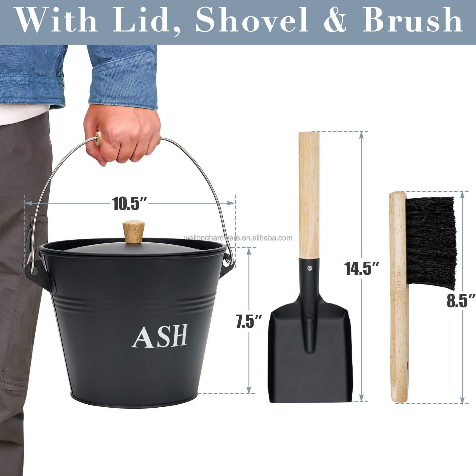 Metal Ash Bucket with Lid Shovel & Broom Coal Bucket Fireplace Tool Set Fire Pits Wood Burning Stoves Kindling Bucket