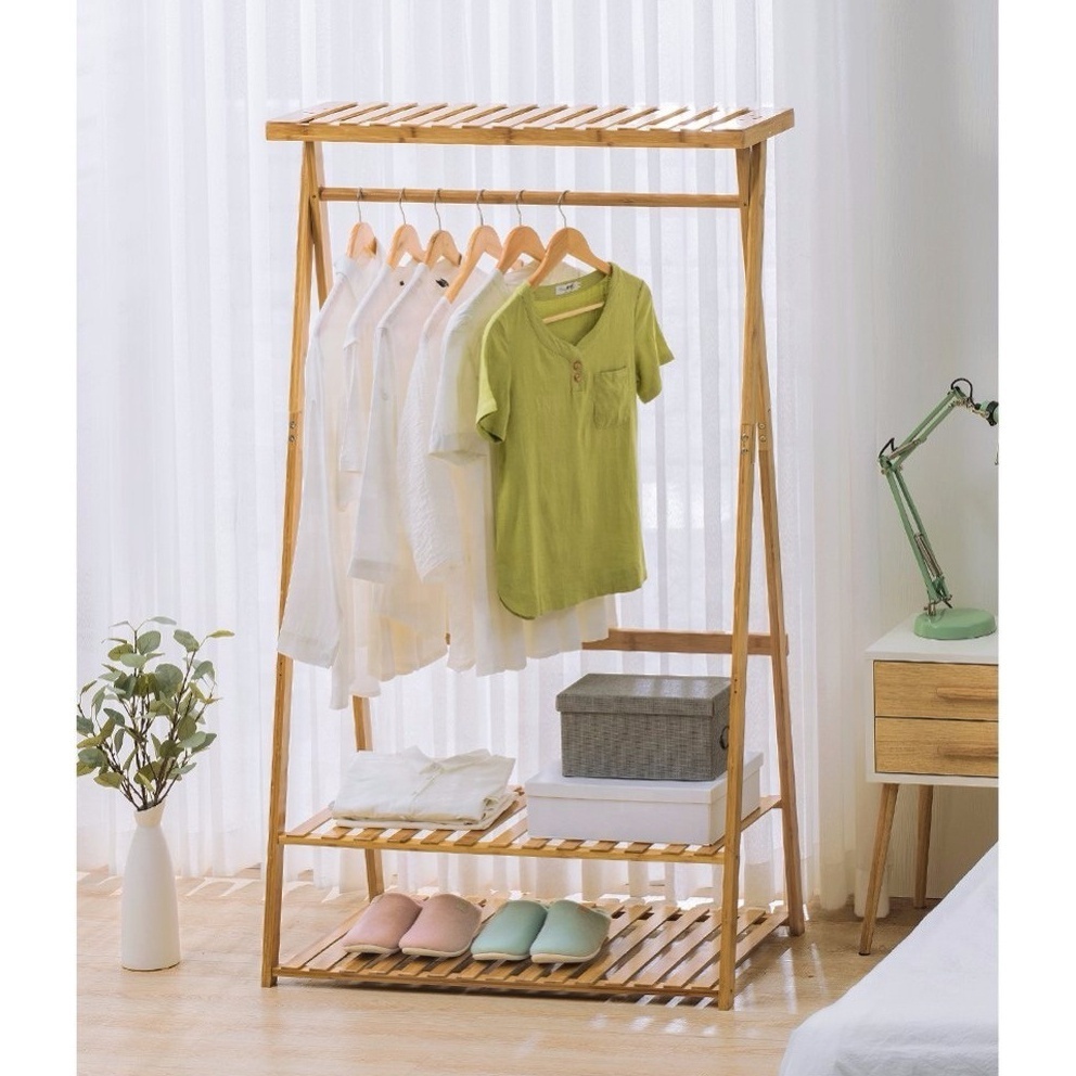 Home decoration display portable bamboo cloth hanger rack laundry storage basket coat rack